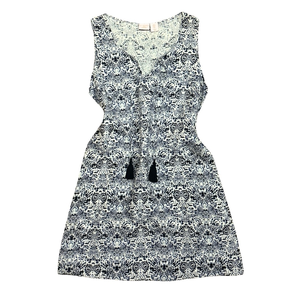 ST. TROPEZ 100% Linen Sleeveless Dress Small Navy & White Boho Print